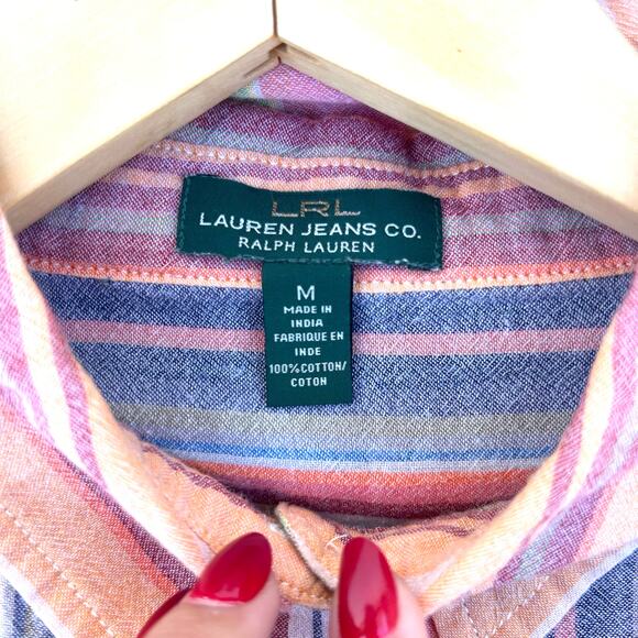Vintage Ralph Lauren Jeans Co Pink Striped Button Down Shirt Cotton Medium - Picture 3 of 6